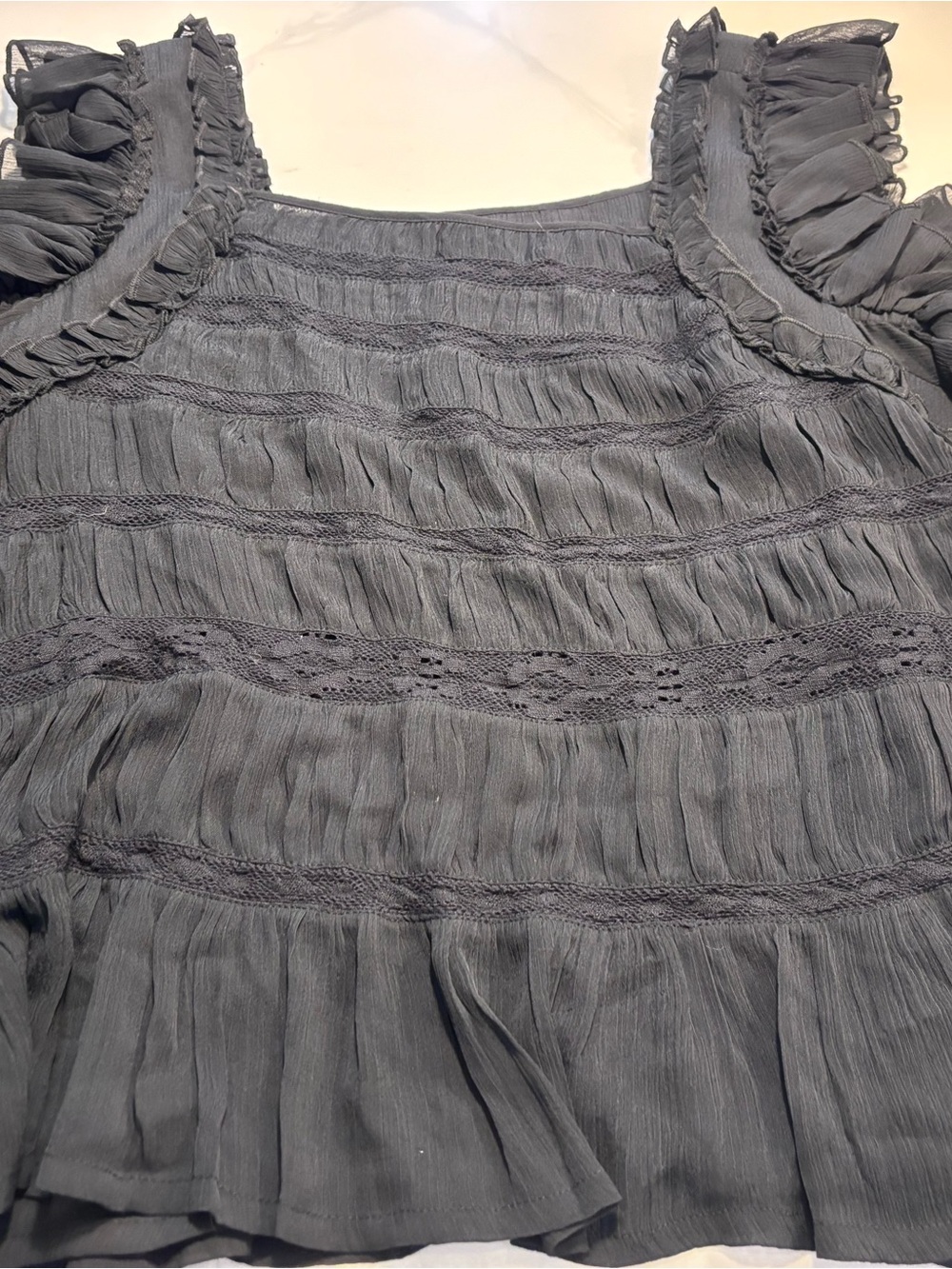 G by Giuliana Charcoal Ruffled Lace-Trim Sleeveless Top